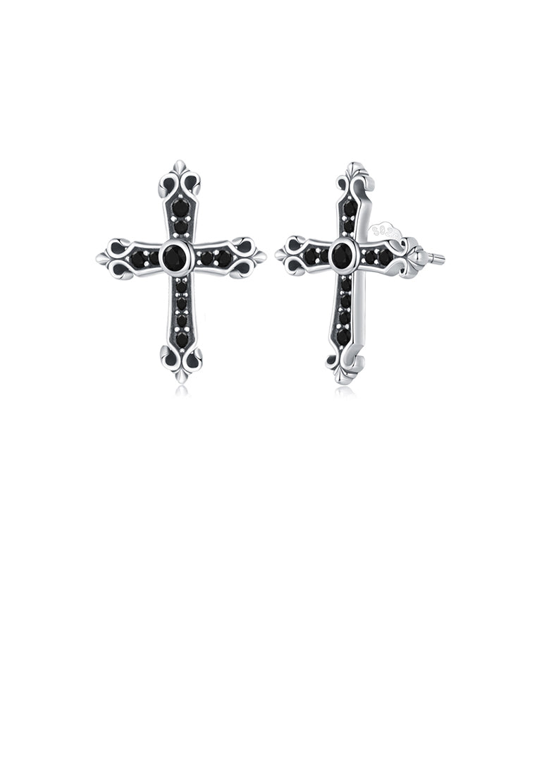 925 Sterling Silver Simple Fashion Cross Stud Earrings with Black Cubic Zirconia - Luxurious Look