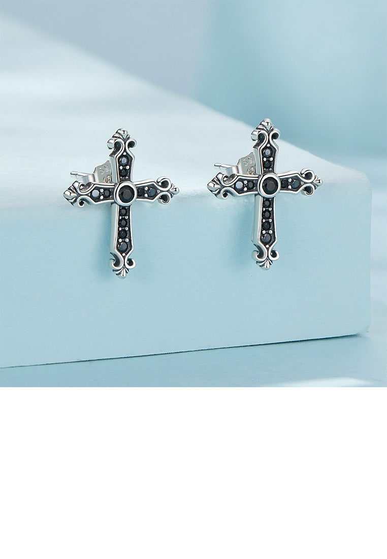 925 Sterling Silver Simple Fashion Cross Stud Earrings with Black Cubic Zirconia - Luxurious Look