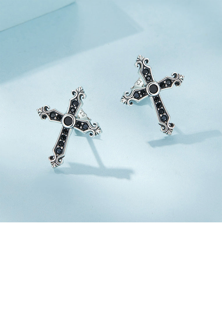925 Sterling Silver Simple Fashion Cross Stud Earrings with Black Cubic Zirconia - Luxurious Look