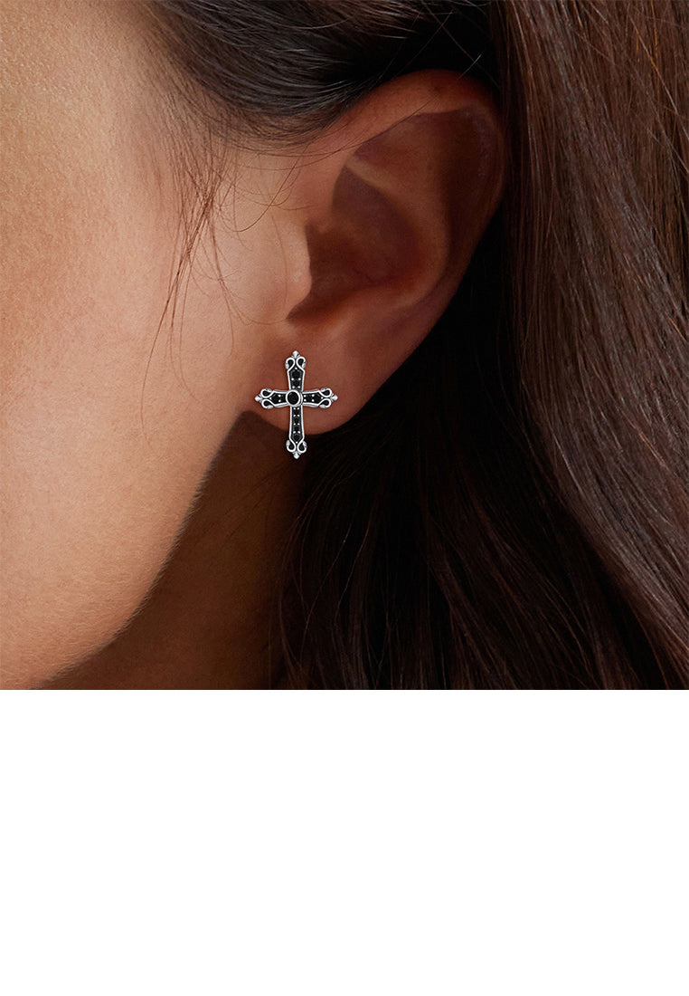 925 Sterling Silver Simple Fashion Cross Stud Earrings with Black Cubic Zirconia - Luxurious Look