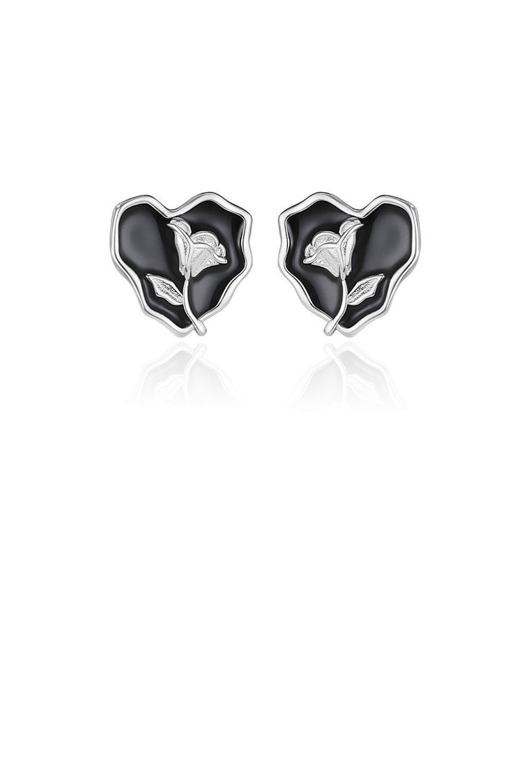 925 Sterling Silver Fashion and Elegant Rose Enamel Heart-shaped Stud Earrings