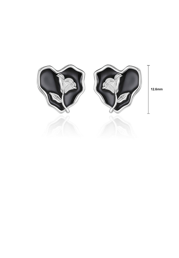925 Sterling Silver Fashion and Elegant Rose Enamel Heart-shaped Stud Earrings