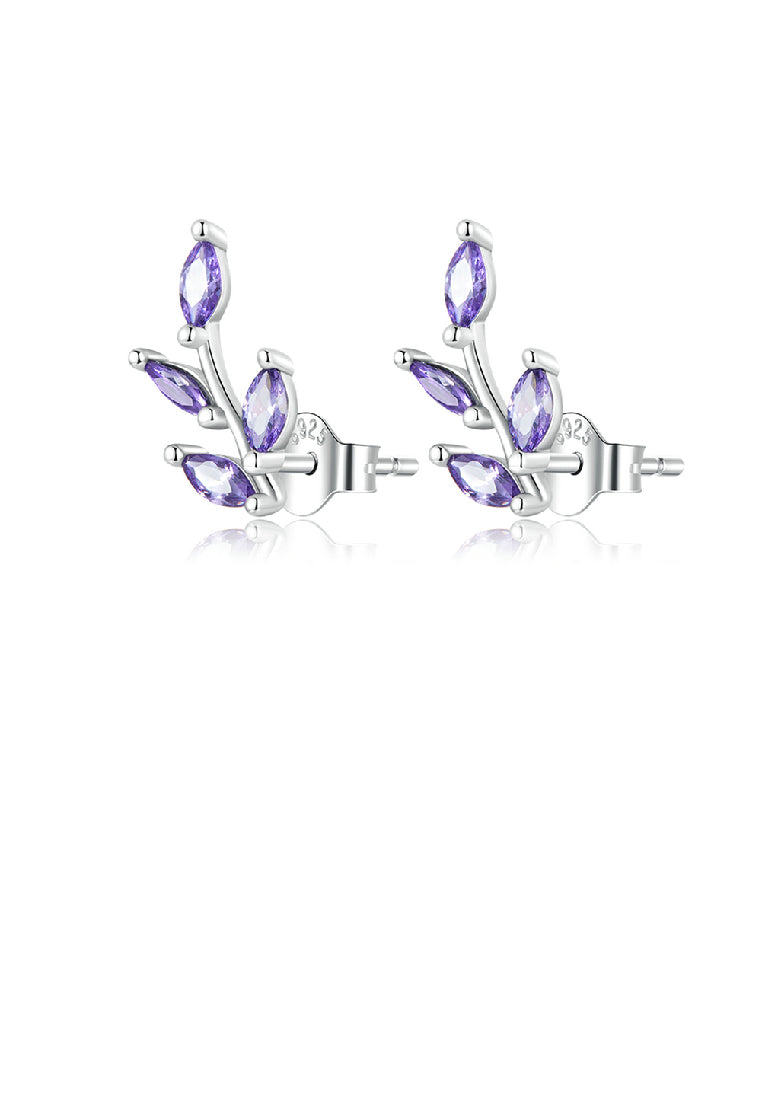 925 Sterling Silver Simple Fashion Leaf Stud Earrings with Purple Cubic Zirconia - Luxurious Look