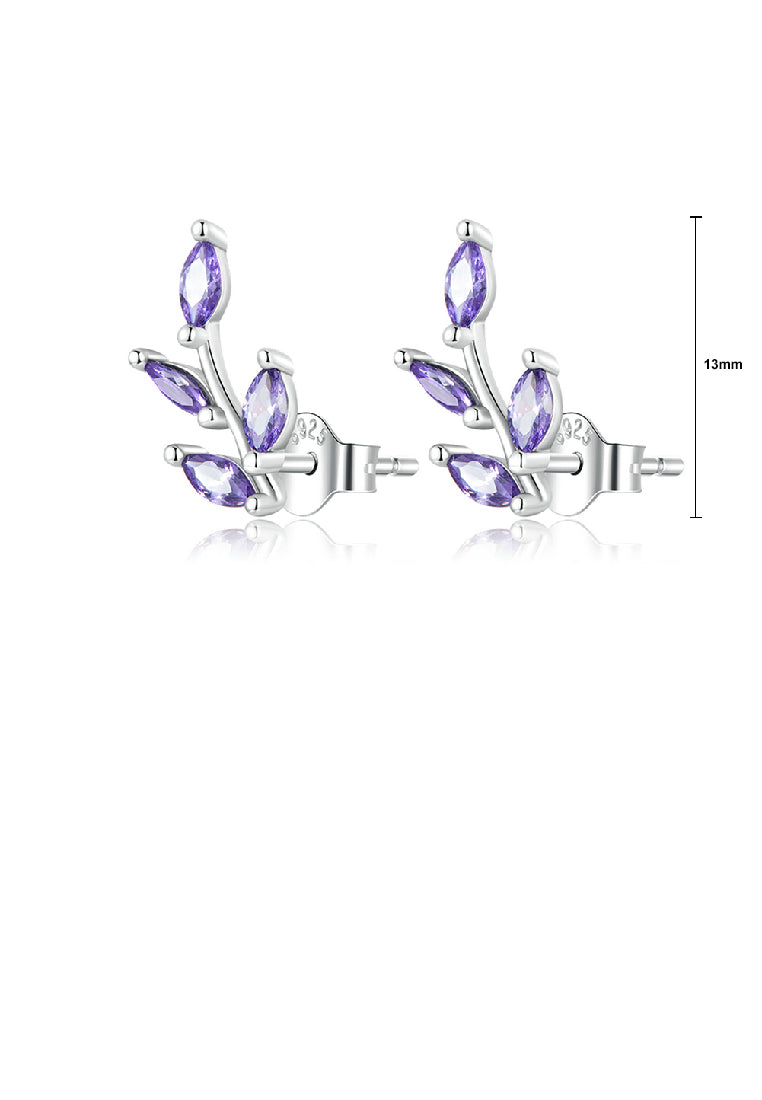 925 Sterling Silver Simple Fashion Leaf Stud Earrings with Purple Cubic Zirconia - Luxurious Look