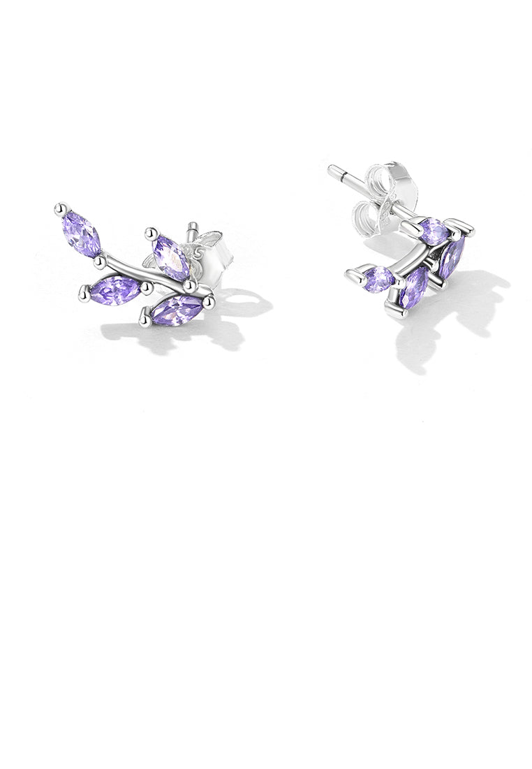 925 Sterling Silver Simple Fashion Leaf Stud Earrings with Purple Cubic Zirconia - Luxurious Look