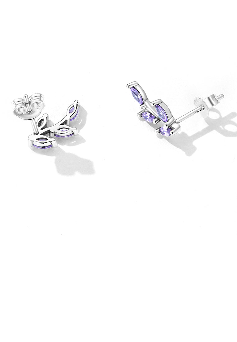 925 Sterling Silver Simple Fashion Leaf Stud Earrings with Purple Cubic Zirconia - Luxurious Look