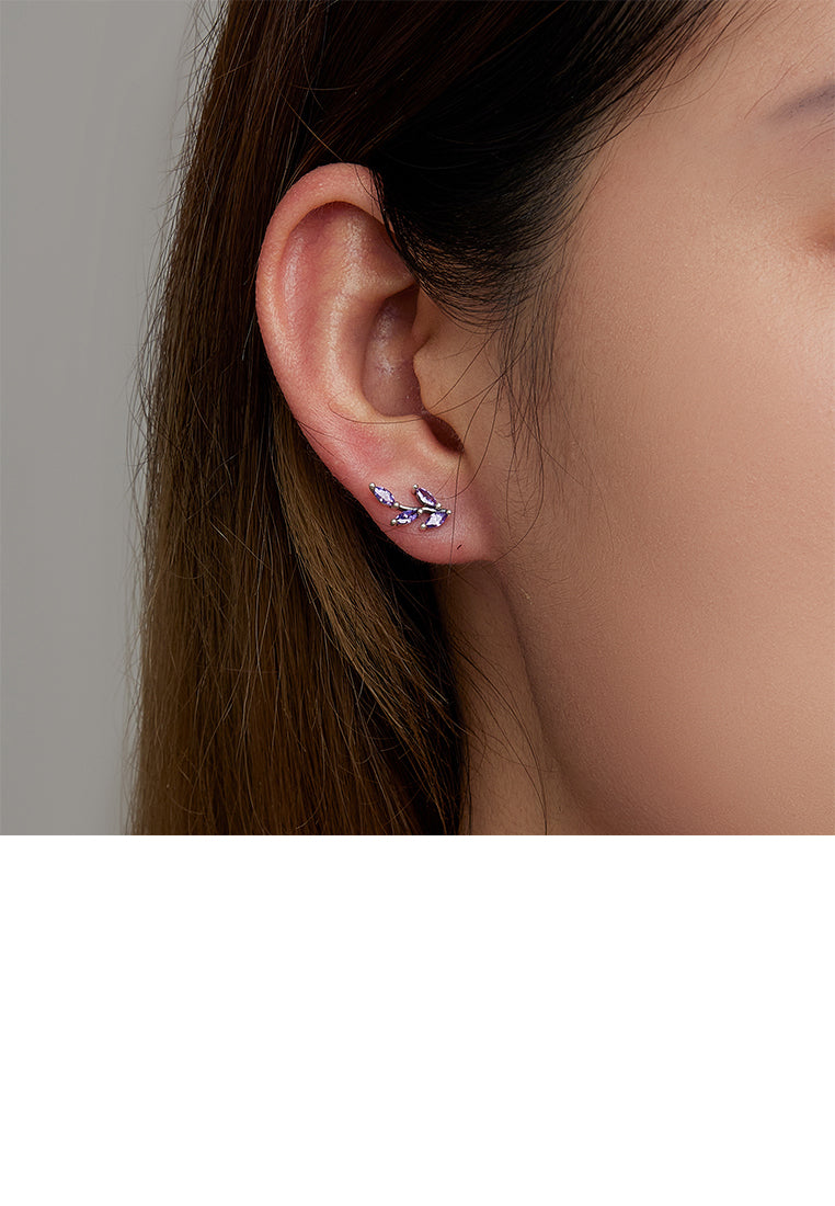 925 Sterling Silver Simple Fashion Leaf Stud Earrings with Purple Cubic Zirconia - Luxurious Look