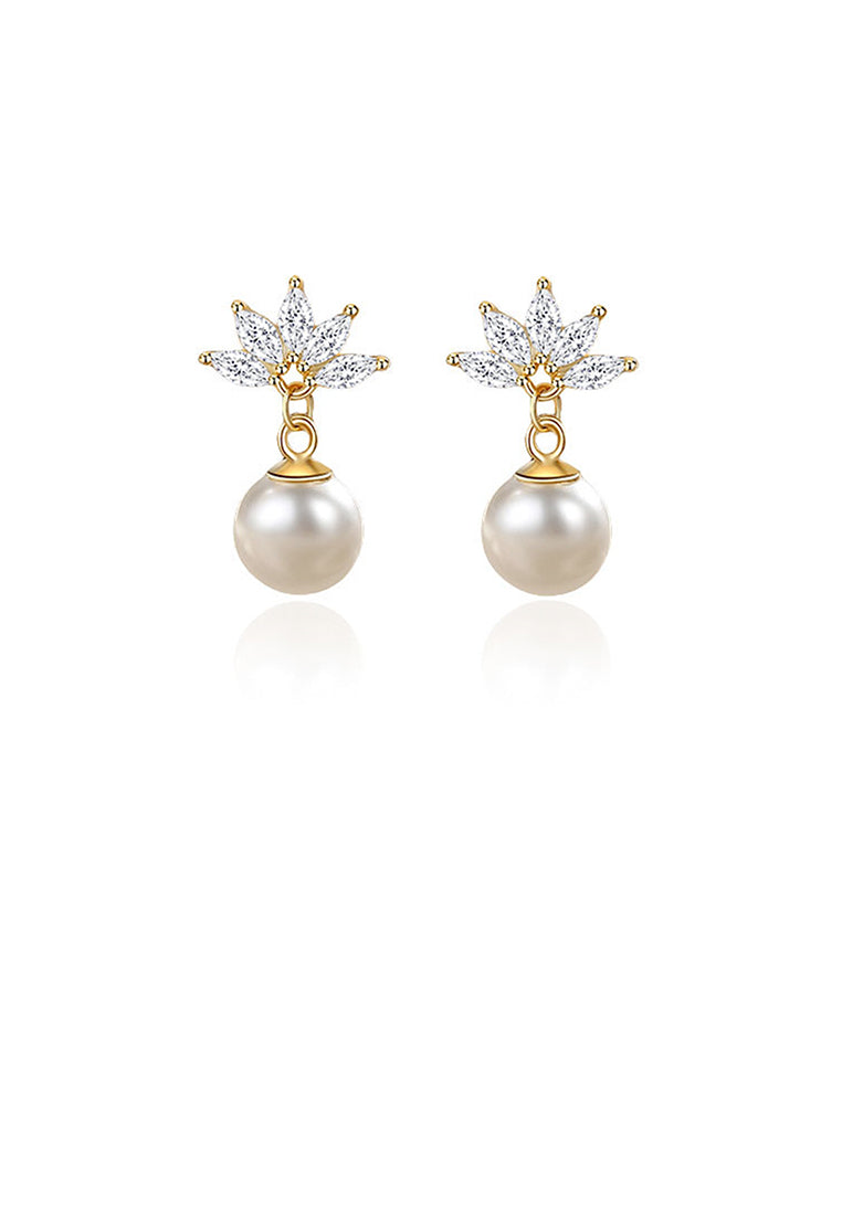 925 Sterling Silver Plated Gold Simple Fashion Flower Imitation Pearl Earrings with Cubic Zirconia - Luxurious Look