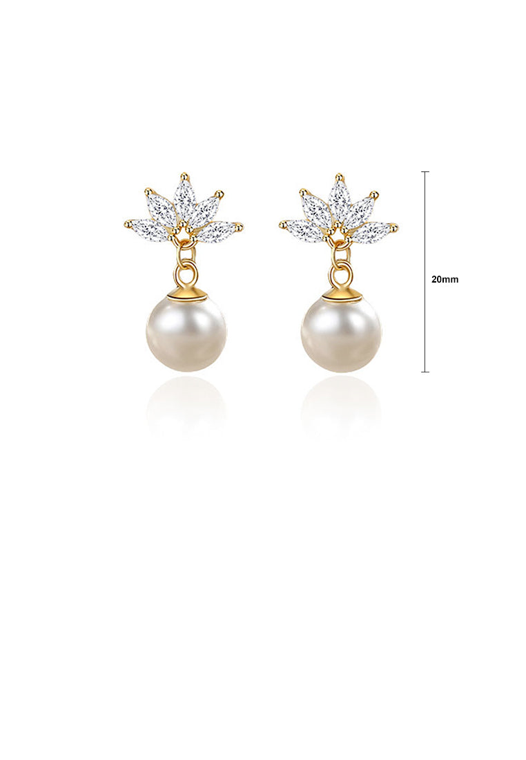 925 Sterling Silver Plated Gold Simple Fashion Flower Imitation Pearl Earrings with Cubic Zirconia - Luxurious Look