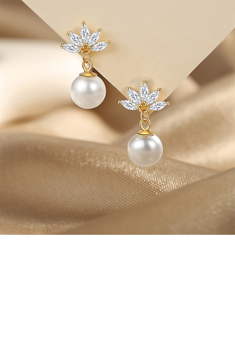 925 Sterling Silver Plated Gold Simple Fashion Flower Imitation Pearl Earrings with Cubic Zirconia - Luxurious Look