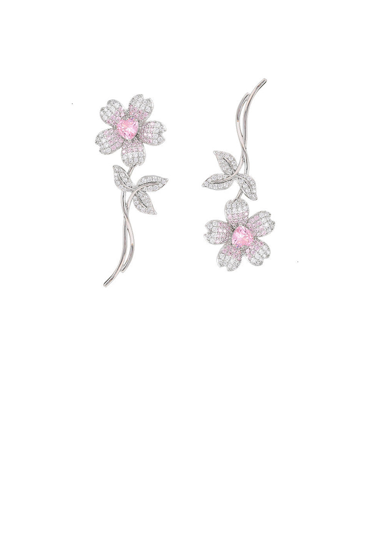 Fashion Brilliant Sakura Long Asymmetric Earrings with Pink Cubic Zirconia - Luxurious Look - Vibrant Color