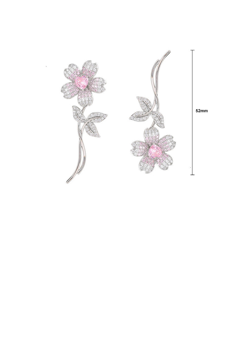 Fashion Brilliant Sakura Long Asymmetric Earrings with Pink Cubic Zirconia - Luxurious Look - Vibrant Color