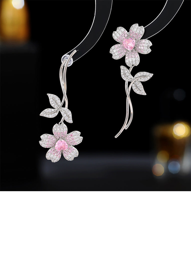 Fashion Brilliant Sakura Long Asymmetric Earrings with Pink Cubic Zirconia - Luxurious Look - Vibrant Color