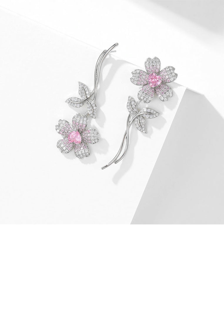 Fashion Brilliant Sakura Long Asymmetric Earrings with Pink Cubic Zirconia - Luxurious Look - Vibrant Color