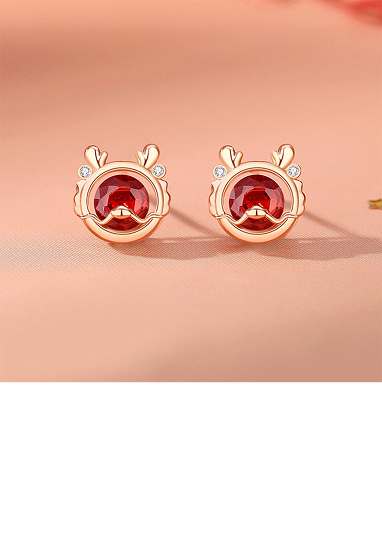 925 Sterling Silver Plated Rose Gold Simple Vintage Twelve Zodiac Dragon Stud Earrings with Cubic Zirconia - Luxurious Look