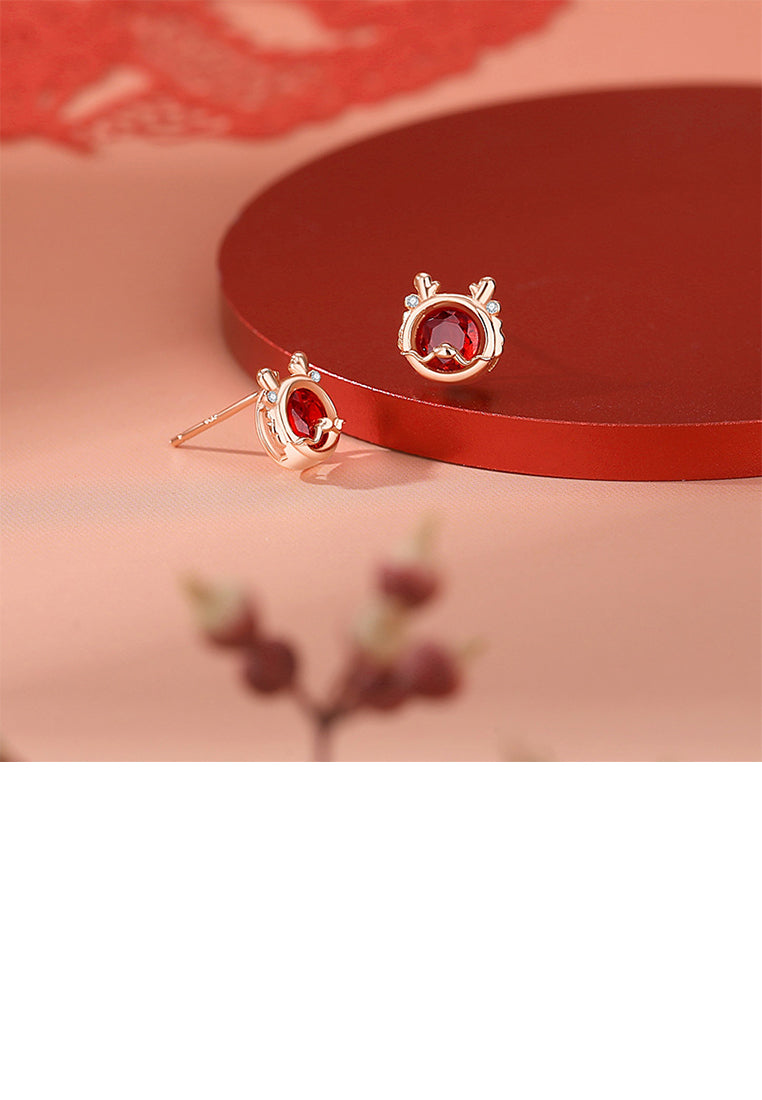 925 Sterling Silver Plated Rose Gold Simple Vintage Twelve Zodiac Dragon Stud Earrings with Cubic Zirconia - Luxurious Look
