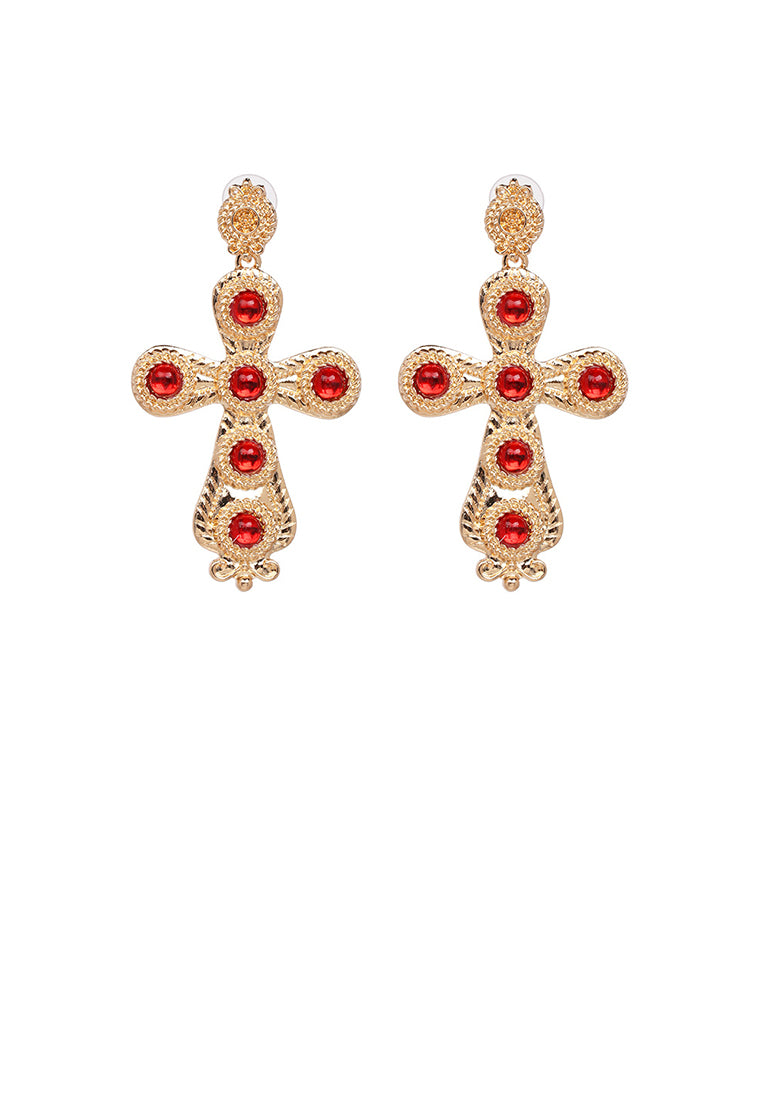 Fashion Vintage Plated Gold Cross Red Ball Earrings - Vibrant Color
