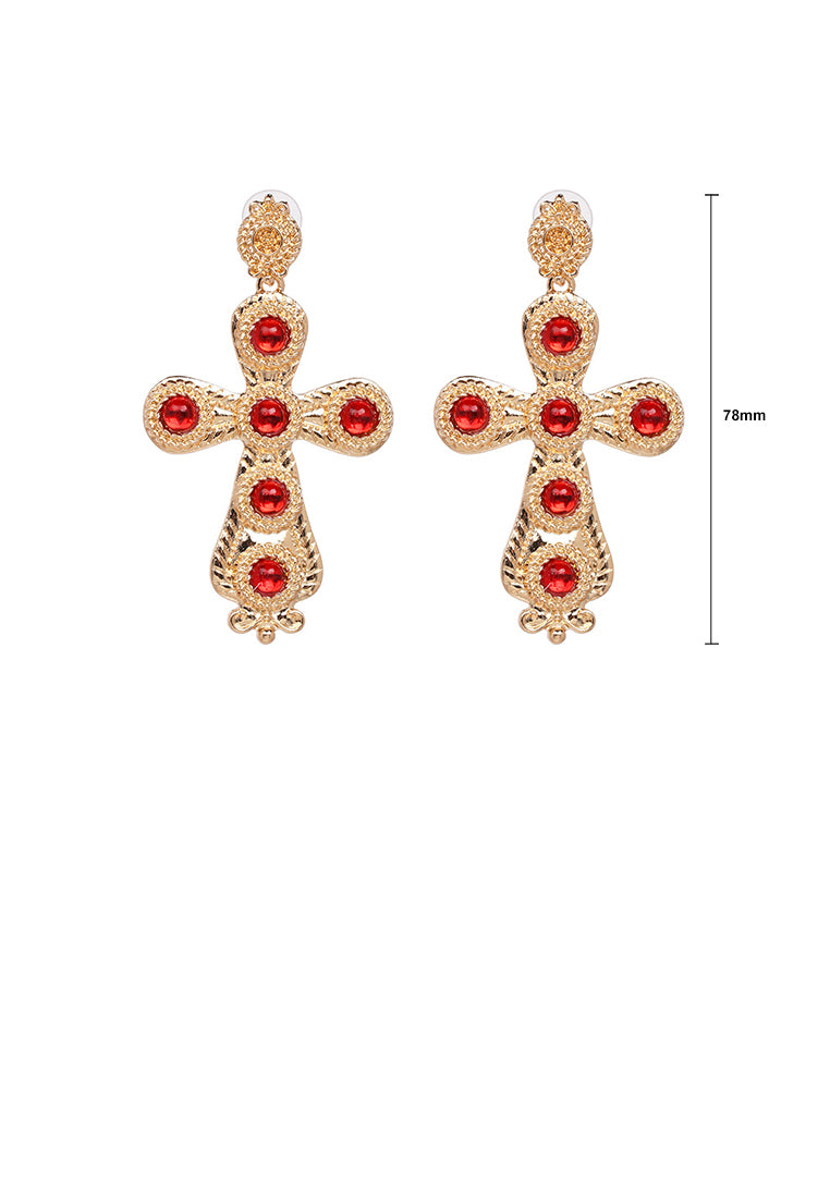 Fashion Vintage Plated Gold Cross Red Ball Earrings - Vibrant Color