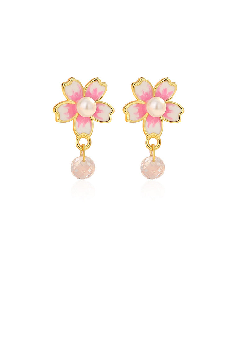 925 Sterling Silver Plated Gold Fashion Cherry Blossom Imitation Pearl Earrings with Cubic Zirconia - Luxurious Look