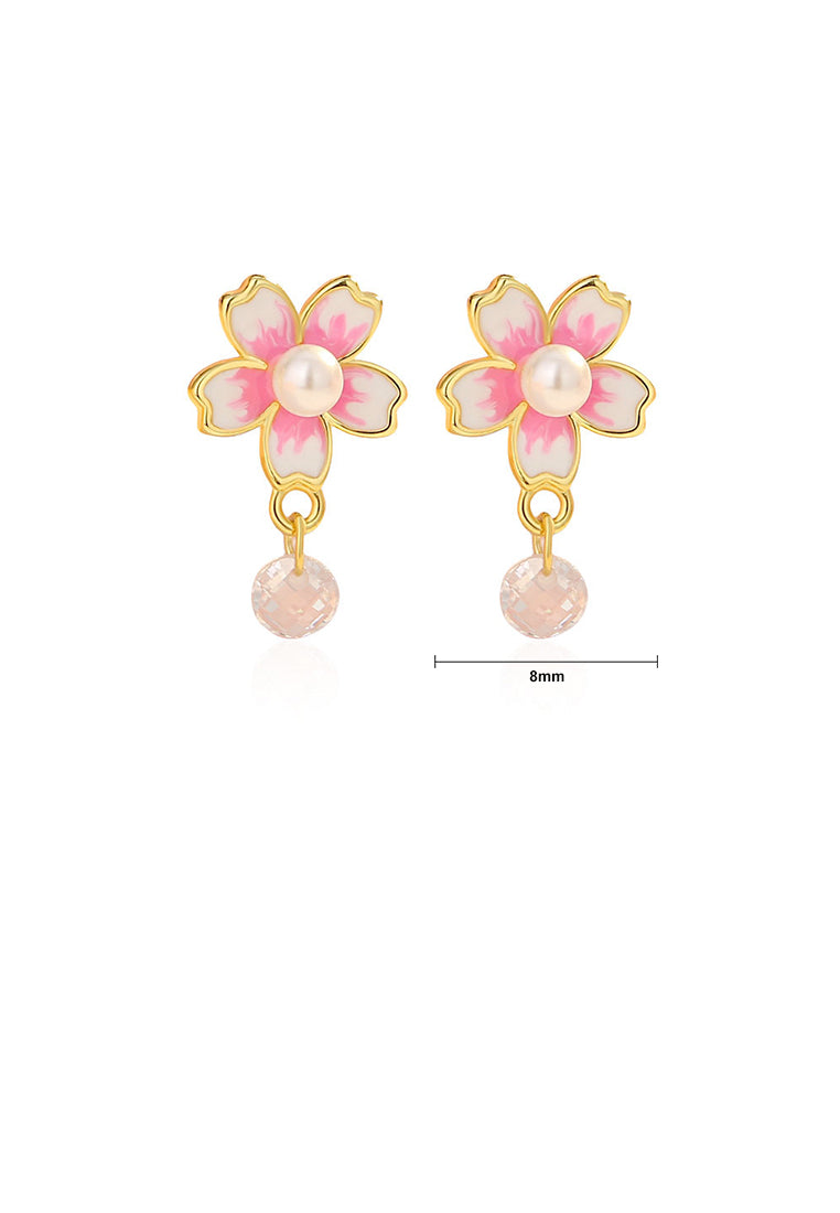 925 Sterling Silver Plated Gold Fashion Cherry Blossom Imitation Pearl Earrings with Cubic Zirconia - Luxurious Look