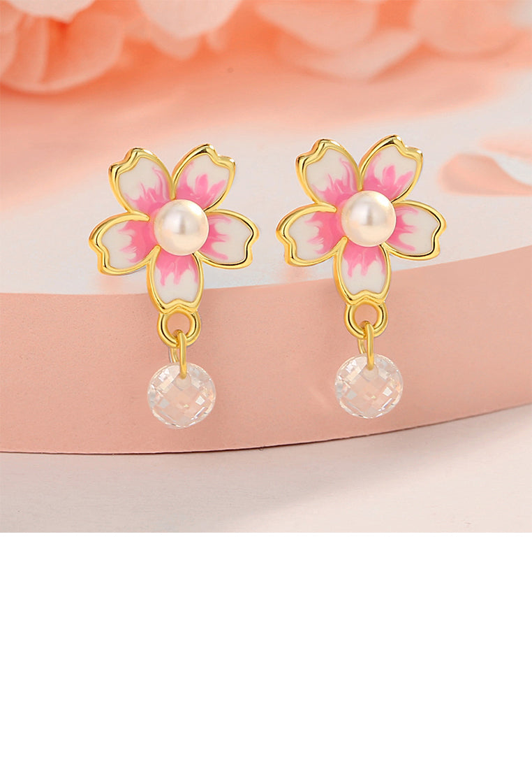 925 Sterling Silver Plated Gold Fashion Cherry Blossom Imitation Pearl Earrings with Cubic Zirconia - Luxurious Look