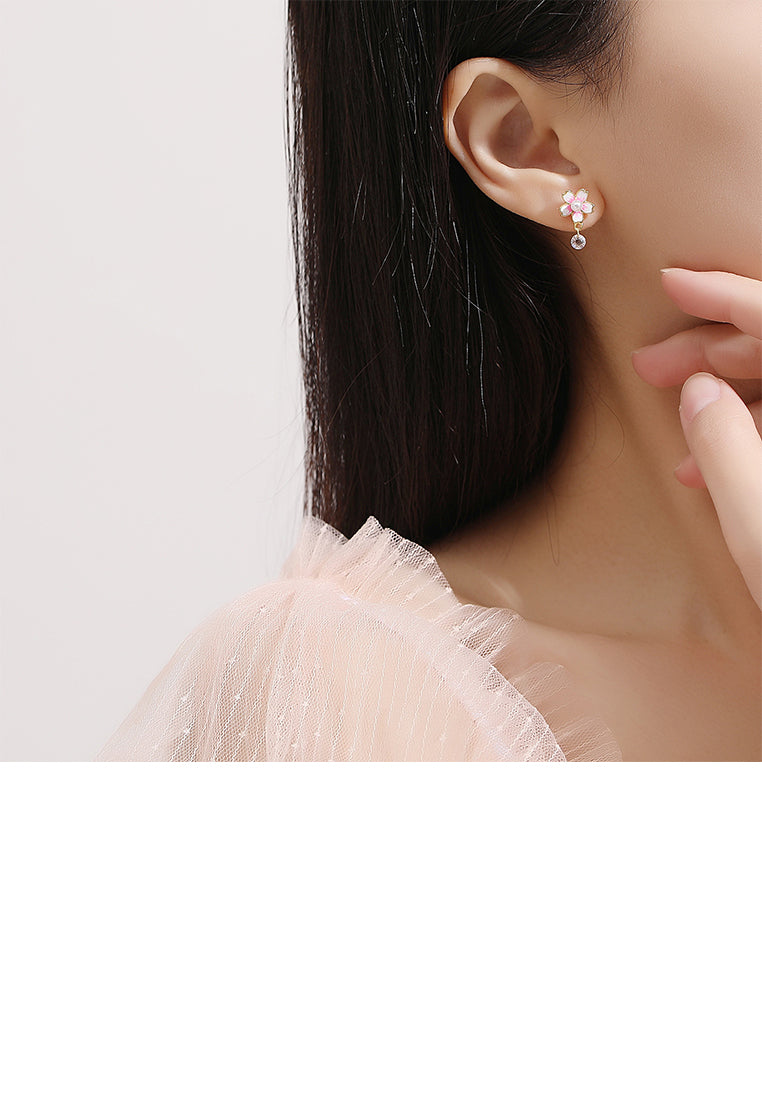 925 Sterling Silver Plated Gold Fashion Cherry Blossom Imitation Pearl Earrings with Cubic Zirconia - Luxurious Look