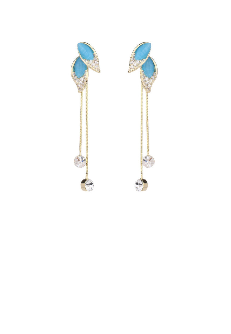 Simple Fashion Plated Gold Leaf Blue Imitation Opal Tassel Earrings with Cubic Zirconia - Luxurious Look