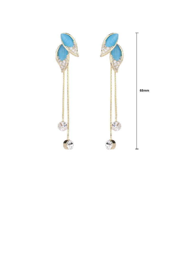 Simple Fashion Plated Gold Leaf Blue Imitation Opal Tassel Earrings with Cubic Zirconia - Luxurious Look