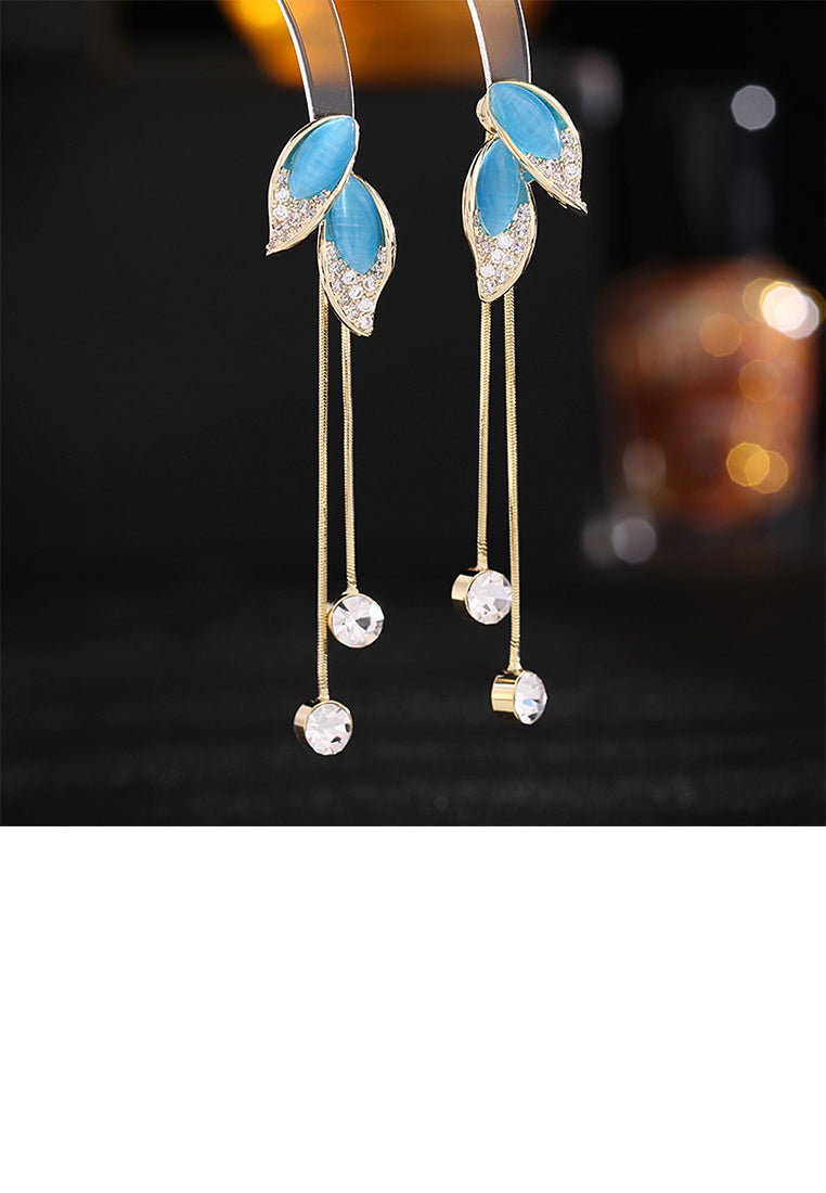 Simple Fashion Plated Gold Leaf Blue Imitation Opal Tassel Earrings with Cubic Zirconia - Luxurious Look