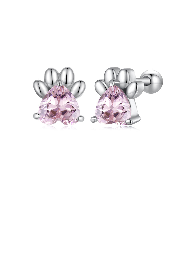 925 Sterling Silver Simple and Cute Pink Dog Paw Stud Earrings with Cubic Zirconia - Luxurious Look - Vibrant Color