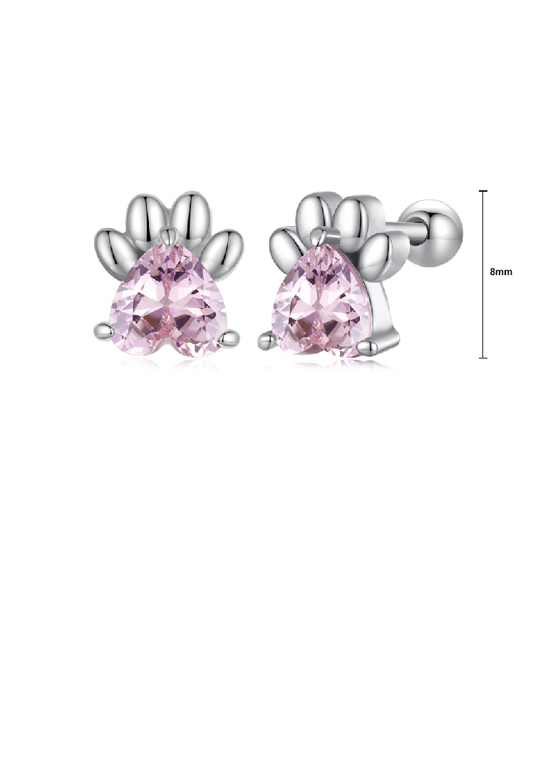 925 Sterling Silver Simple and Cute Pink Dog Paw Stud Earrings with Cubic Zirconia - Luxurious Look - Vibrant Color