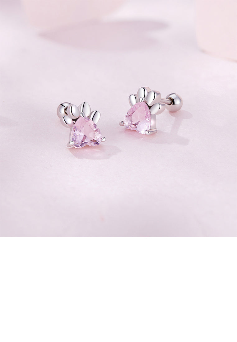 925 Sterling Silver Simple and Cute Pink Dog Paw Stud Earrings with Cubic Zirconia - Luxurious Look - Vibrant Color
