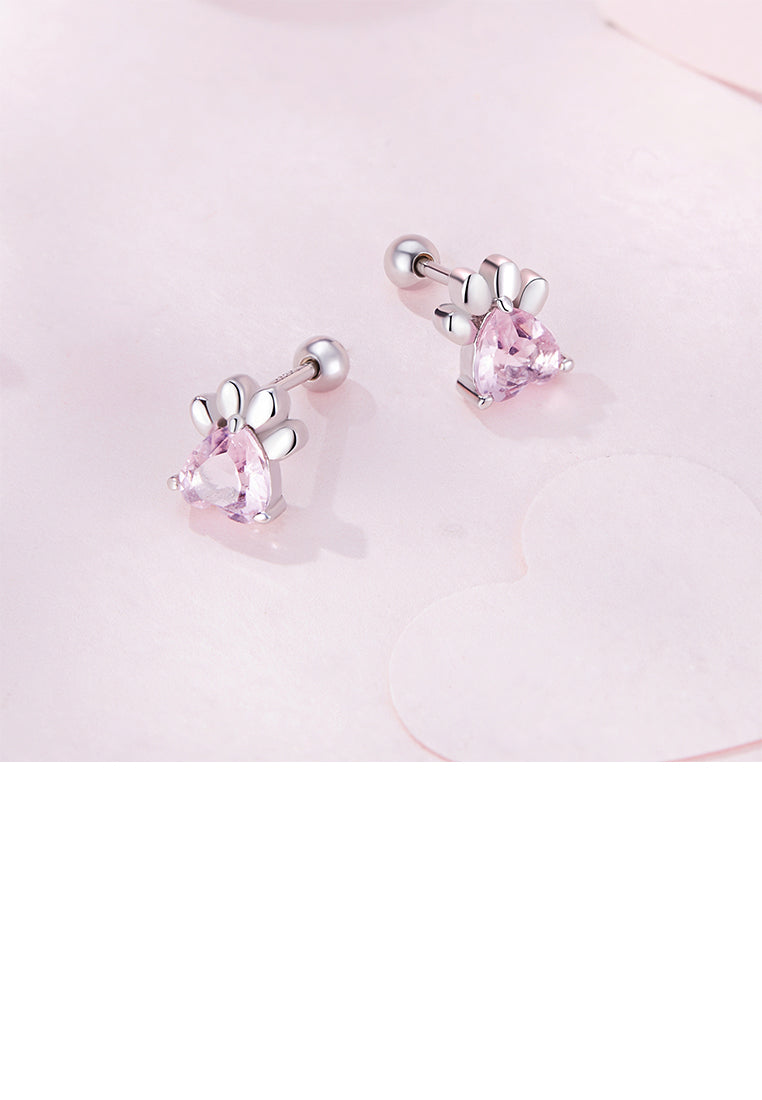 925 Sterling Silver Simple and Cute Pink Dog Paw Stud Earrings with Cubic Zirconia - Luxurious Look - Vibrant Color