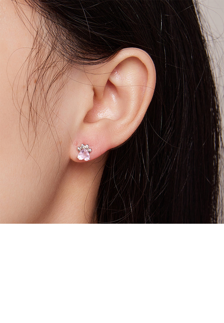 925 Sterling Silver Simple and Cute Pink Dog Paw Stud Earrings with Cubic Zirconia - Luxurious Look - Vibrant Color
