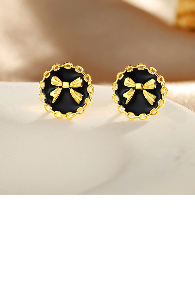 925 Sterling Silver Plated Gold Simple Sweet Ribbon Enamel Geometric Round Stud Earrings