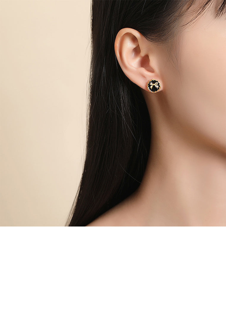 925 Sterling Silver Plated Gold Simple Sweet Ribbon Enamel Geometric Round Stud Earrings