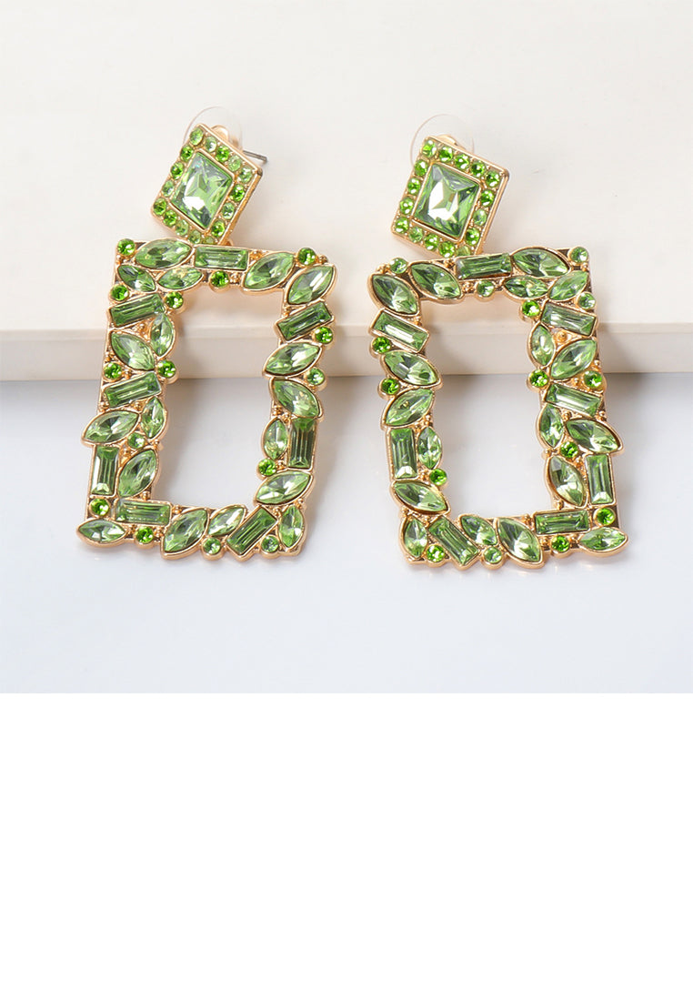 Fashion and Simple Plated Gold Hollow Rectangular Earrings with Green Cubic Zirconia - Luxurious Look