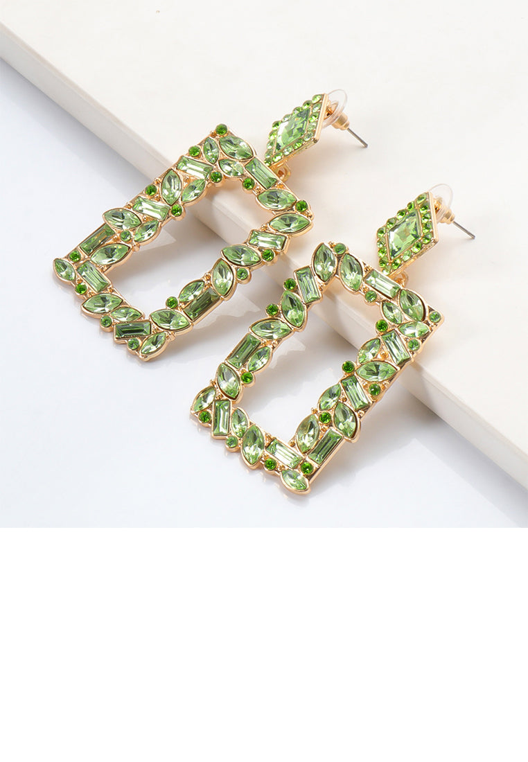 Fashion and Simple Plated Gold Hollow Rectangular Earrings with Green Cubic Zirconia - Luxurious Look
