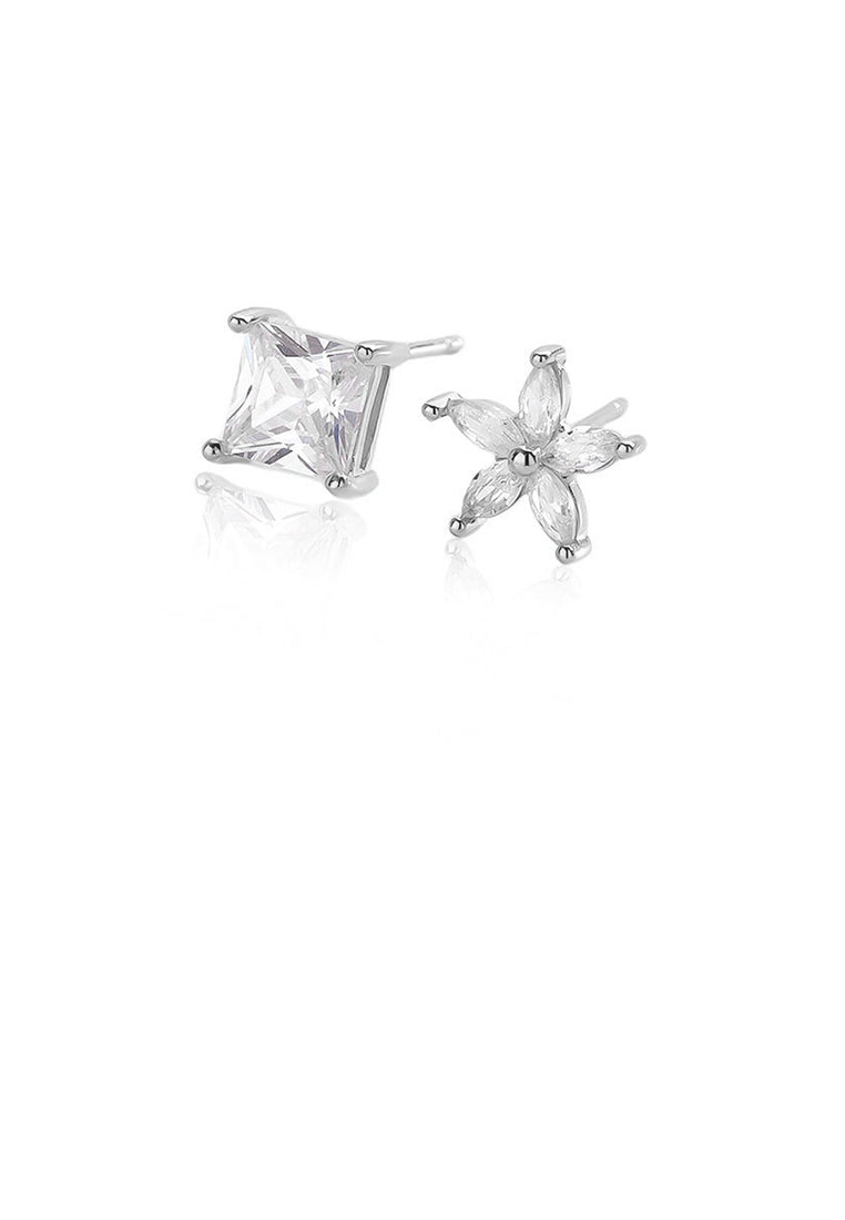 925 Sterling Silver Simple Sweet Flower Square Asymmetrical Stud Earrings with Cubic Zirconia - Luxurious Look