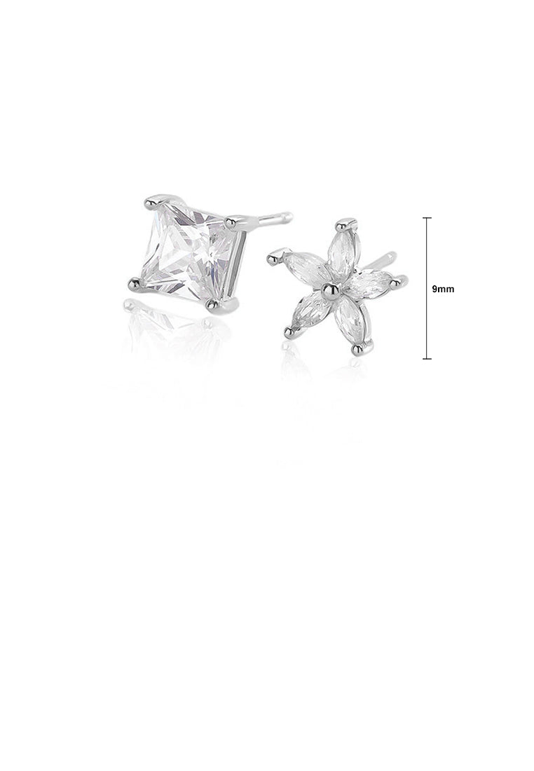925 Sterling Silver Simple Sweet Flower Square Asymmetrical Stud Earrings with Cubic Zirconia - Luxurious Look