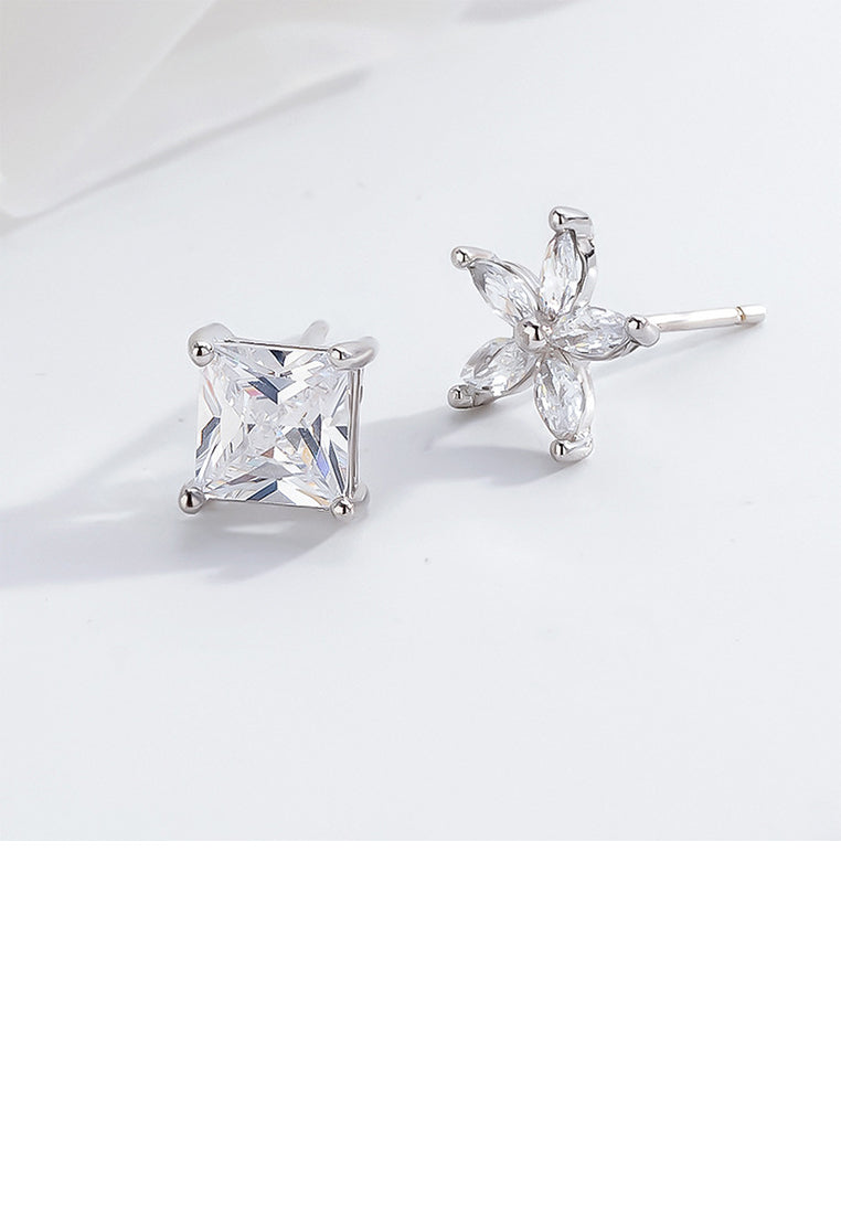 925 Sterling Silver Simple Sweet Flower Square Asymmetrical Stud Earrings with Cubic Zirconia - Luxurious Look