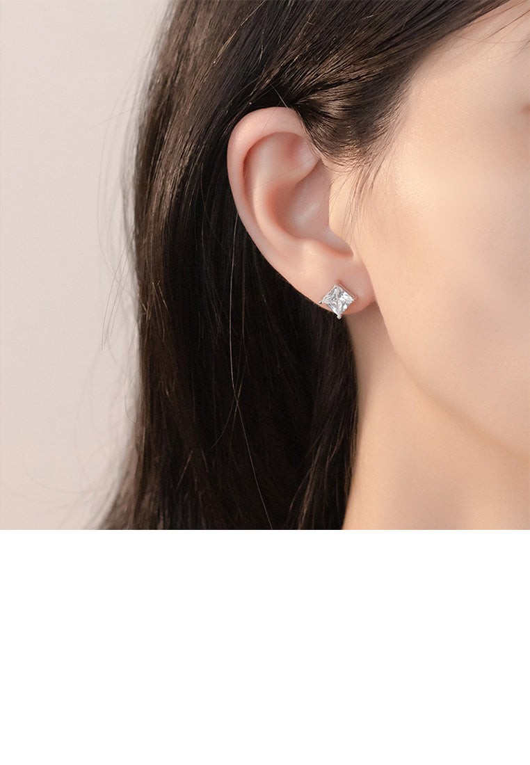 925 Sterling Silver Simple Sweet Flower Square Asymmetrical Stud Earrings with Cubic Zirconia - Luxurious Look