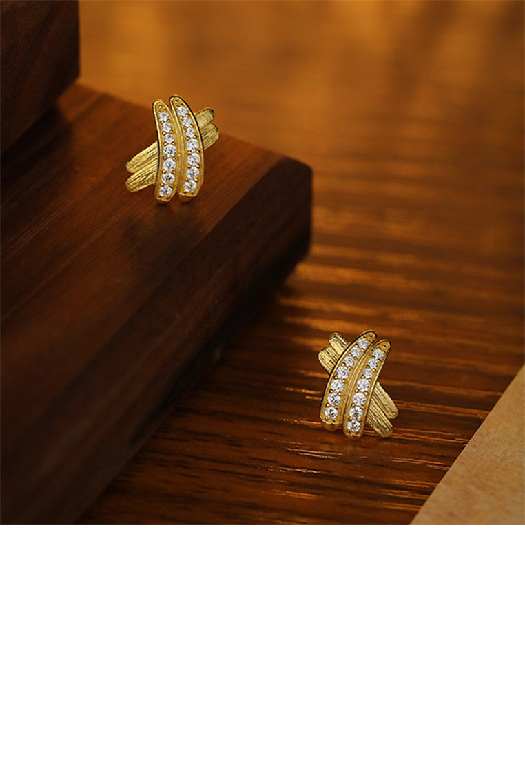 925 Sterling Silver Plated Gold Simple Personality Cross Geometric Stud Earrings with Cubic Zirconia - Luxurious Look