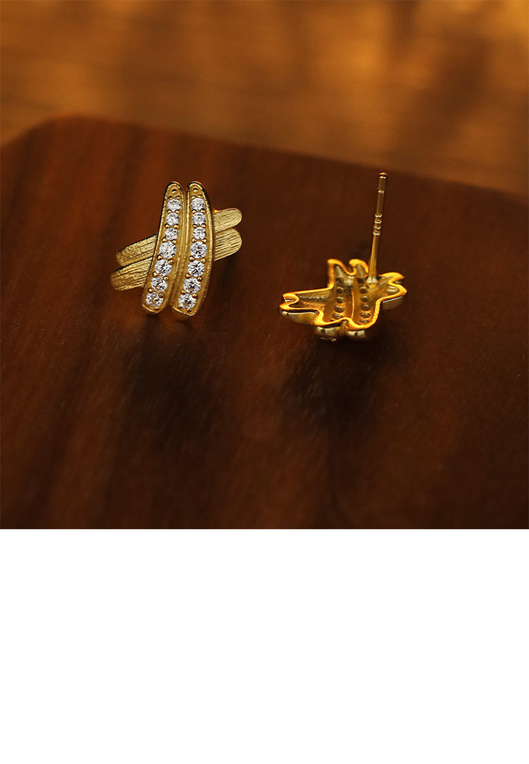 925 Sterling Silver Plated Gold Simple Personality Cross Geometric Stud Earrings with Cubic Zirconia - Luxurious Look