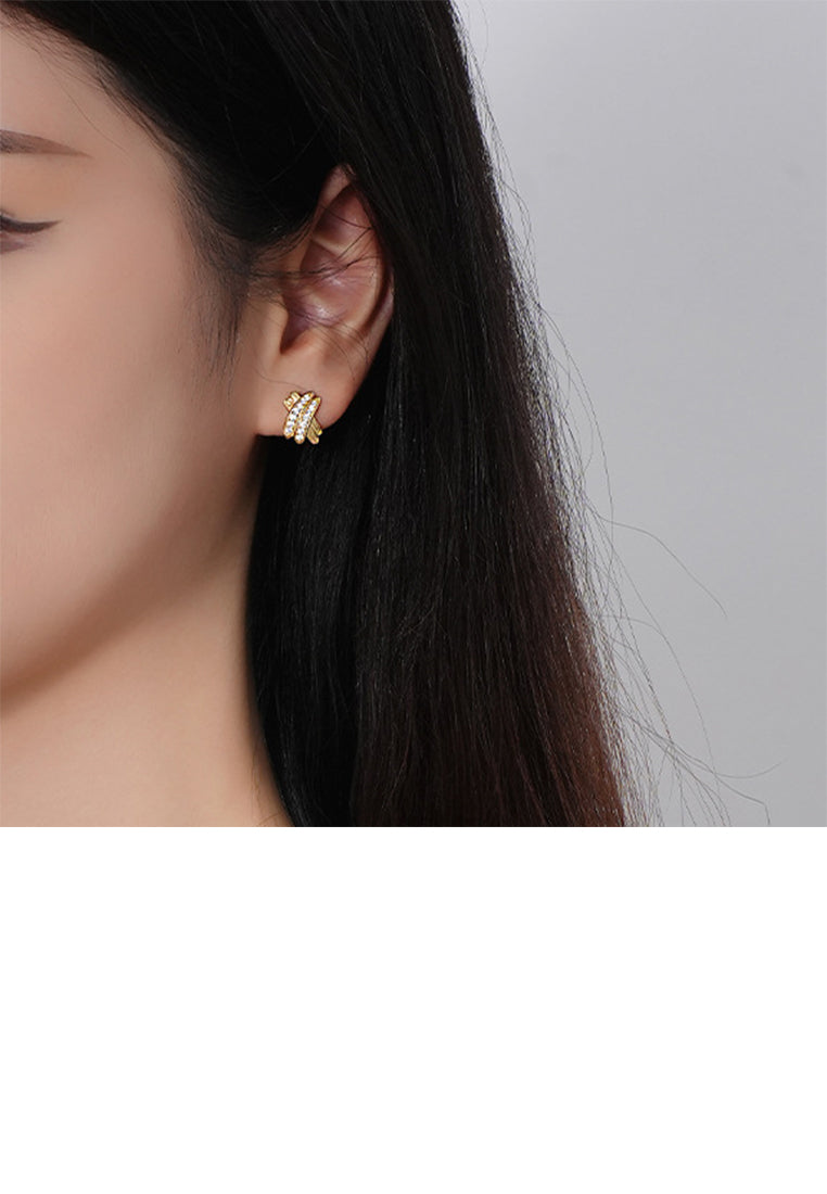 925 Sterling Silver Plated Gold Simple Personality Cross Geometric Stud Earrings with Cubic Zirconia - Luxurious Look