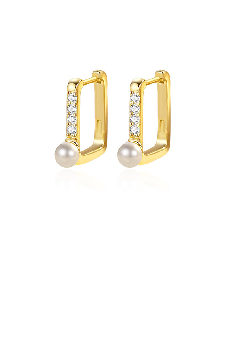 925 Sterling Silver Plated Gold Fashion Simple Geometric Square Imitation Pearl Earrings with Cubic Zirconia - Luxurious Look