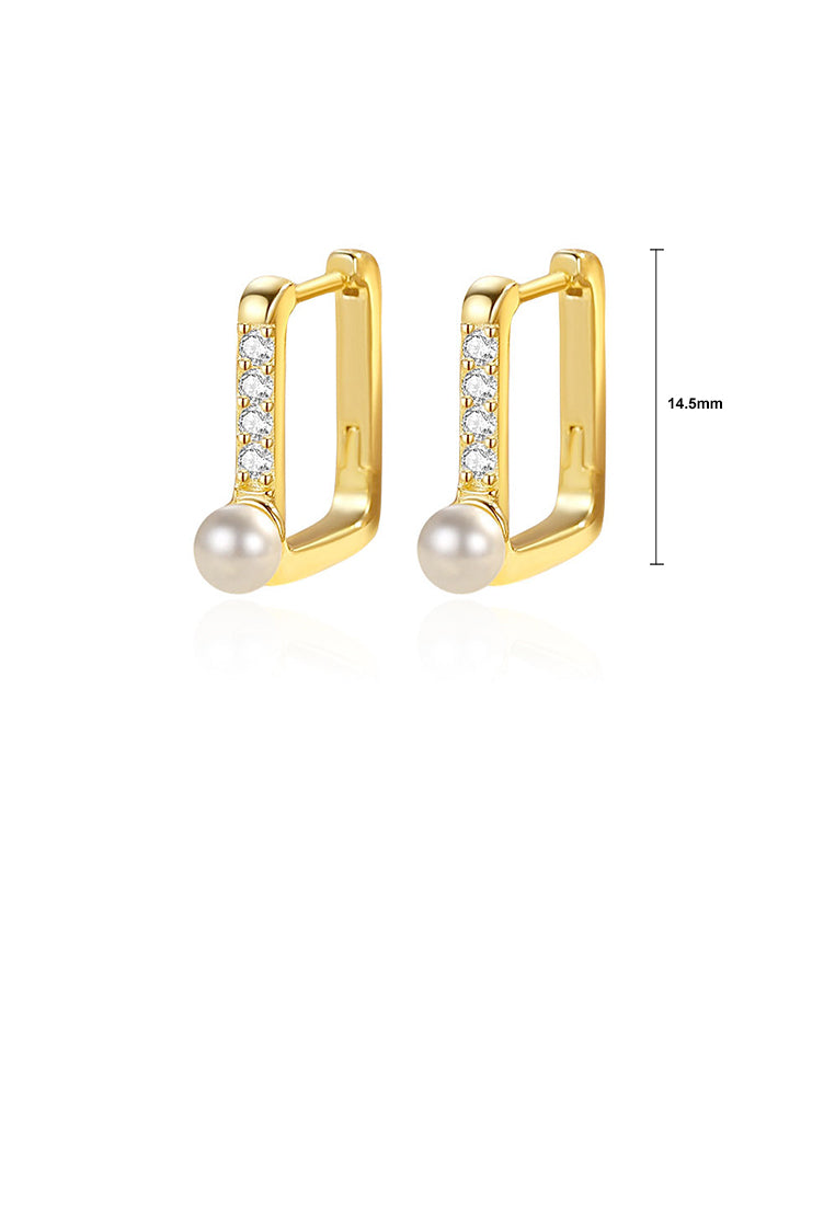 925 Sterling Silver Plated Gold Fashion Simple Geometric Square Imitation Pearl Earrings with Cubic Zirconia - Luxurious Look