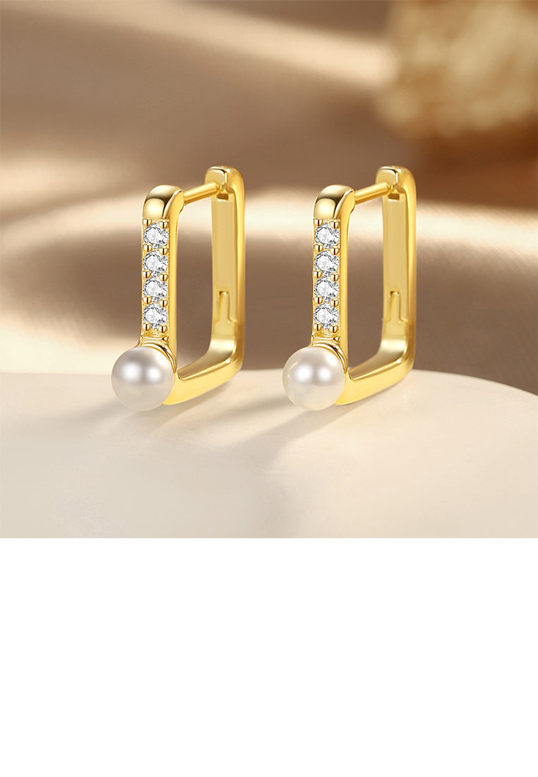 925 Sterling Silver Plated Gold Fashion Simple Geometric Square Imitation Pearl Earrings with Cubic Zirconia - Luxurious Look