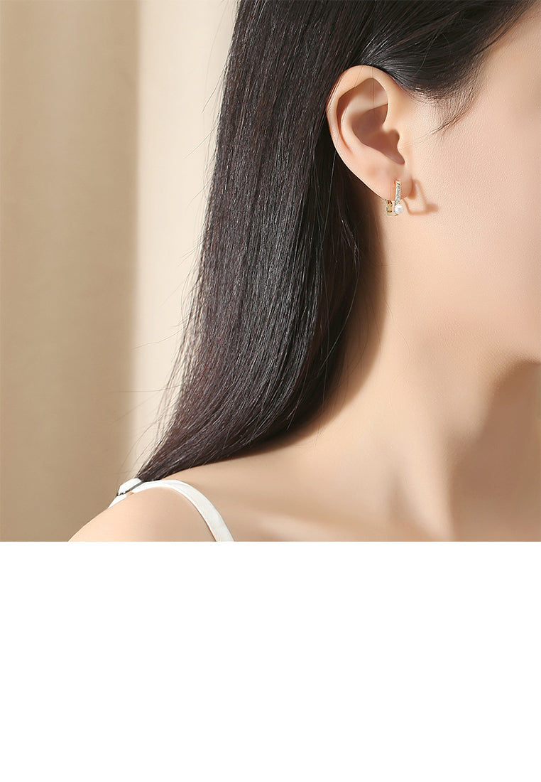 925 Sterling Silver Plated Gold Fashion Simple Geometric Square Imitation Pearl Earrings with Cubic Zirconia - Luxurious Look