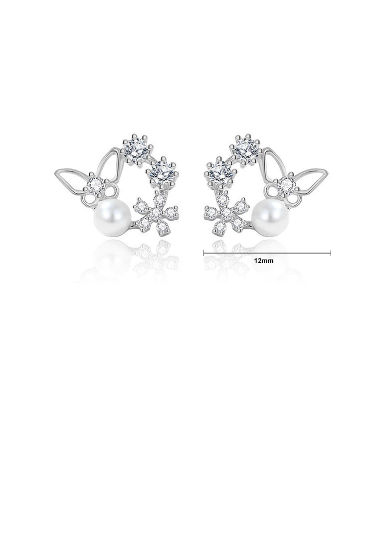 925 Sterling Silver Simple Sweet Butterfly Flower Imitation Pearl Stud Earrings with Cubic Zirconia - Luxurious Look